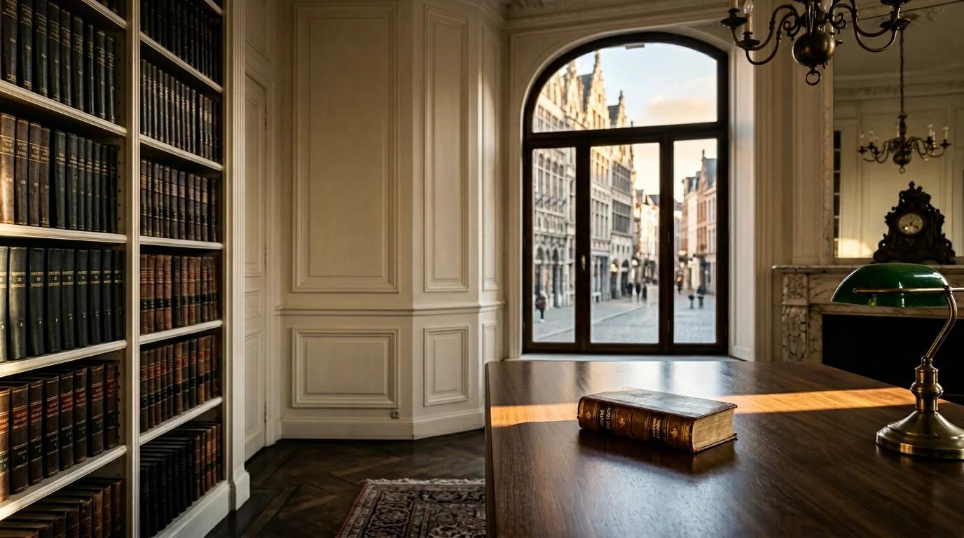 Belgian chambers interior, bookcase, antique desk lamp and a view onto the Antwerp Grote Markt